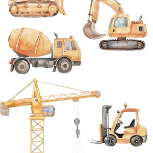 May include: Watercolor illustration of construction vehicles, including a bulldozer, excavator, cement mixer truck, crane, forklift, and dump truck. The text "TINY TOOL TIME" and "LITTLE HELPERS EDITION" are at the top.