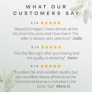 May include: A white background with the text "WHAT OUR CUSTOMERS SAY" in dark gray. Below are three customer reviews with 5-star ratings, praising the images, quality, and commercial license. Green leaf illustrations are in the corners.