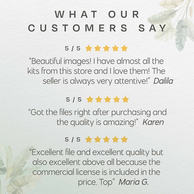May include: A white background with the text "WHAT OUR CUSTOMERS SAY" in dark gray. Below are three customer reviews with 5-star ratings, praising the images, quality, and commercial license. Green leaf illustrations are in the corners.