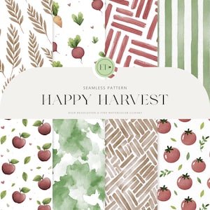 Padrão de fazenda fofa - Padrão de aquarela - Padrão de frutas - Padrão de vegetais, Padrão de repetição, Ação de Graças - LICENÇA COMERCIAL INCLUÍDA