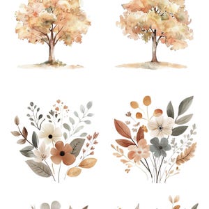 May include: Four watercolor illustrations featuring fall foliage and flowers. The top two images are of trees with brown and yellow leaves. The bottom two images are bouquets of flowers in shades of brown, yellow, white, and gray.