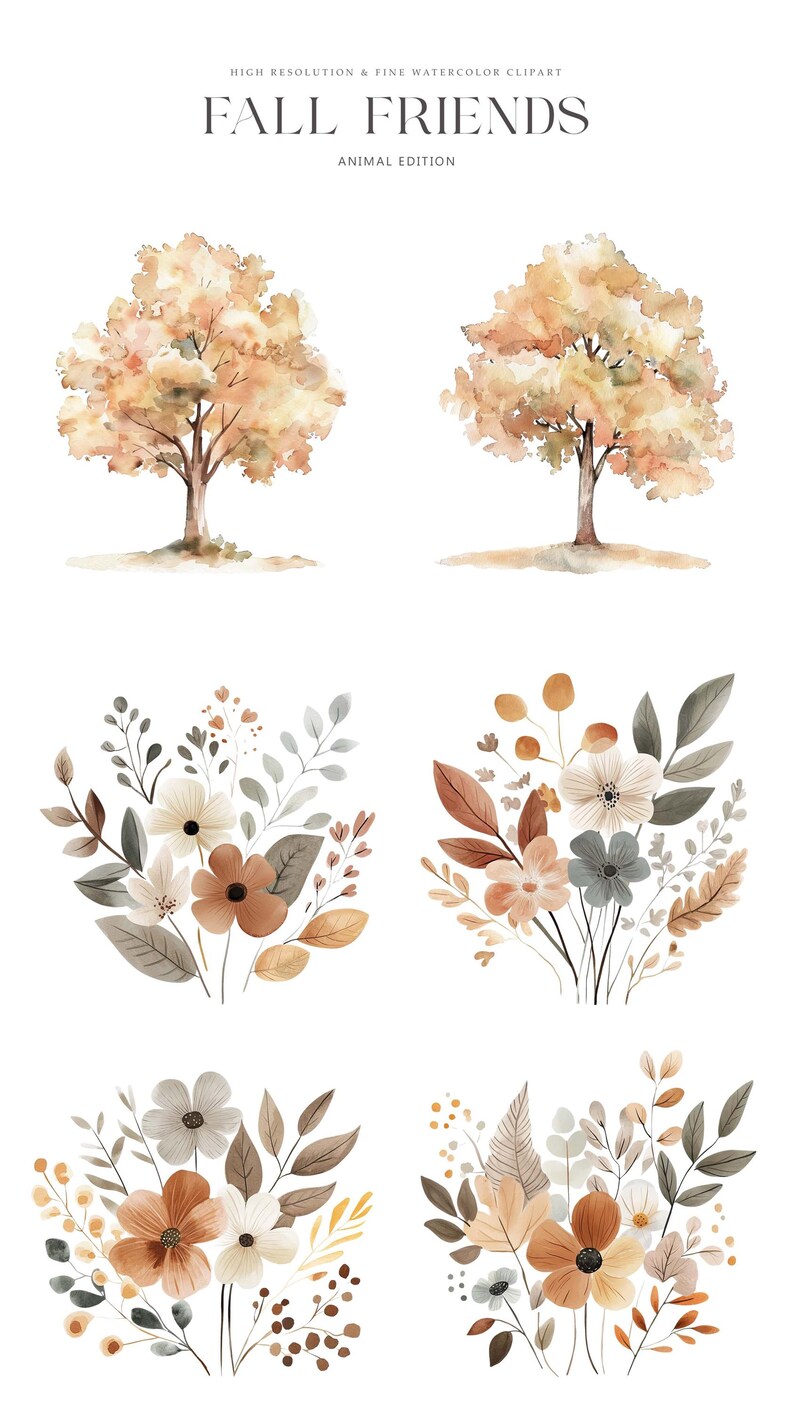 May include: Four watercolor illustrations featuring fall foliage and flowers. The top two images are of trees with brown and yellow leaves. The bottom two images are bouquets of flowers in shades of brown, yellow, white, and gray.