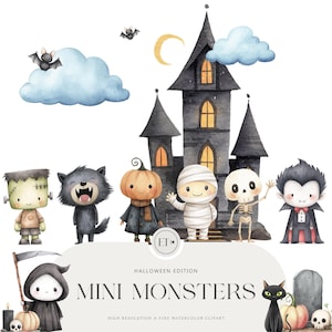 Könnte beinhalten: Aquarell-Illustration mit Halloween-Mini-Monstern. Enthält Frankenstein, Werwolf, Kürbiskopf, Mumie, Skelett und Vampir. Ein Spukhaus, Fledermäuse und ein Mond sind ebenfalls abgebildet. Der Text lautet "Halloween Edition Mini Monsters".
