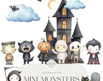 Mini Monsters Halloween Clipart, Cute Watercolor Spooky Characters Dracula Witch Frankenstein Werewolf Mummy  Kids Party Graphics Commercial