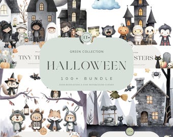Paquete de imágenes prediseñadas de Halloween en acuarela: brujas, monstruos y animales del bosque, arte espeluznante, gráficos PNG, uso comercial