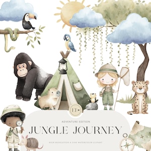 Clipart carino safari nella giungla - Clipart acquerello - Clipart safari per bambini - Clipart compleanno tropicale - Decorazioni per feste nella giungla, uso commerciale