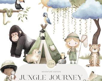 May include: Watercolor illustration with a jungle theme. Features a gorilla, toucan, parrot, and a child explorer with a net. Includes a tent, sun, clouds, and the text "Jungle Journey".