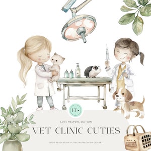 Imágenes prediseñadas de clínica de mascotas encantadoras: ilustraciones de perros y gatos: conjunto de gráficos de acuarela: uso comercial: arte veterinario caprichoso