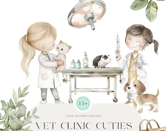 Charmante Haustier-Klinik Clipart - Katzen- und Hund-Illustrationen - Aquarell-Grafik-Set - Kommerzielle Nutzung - Skurrile Tierarzt-Kunst