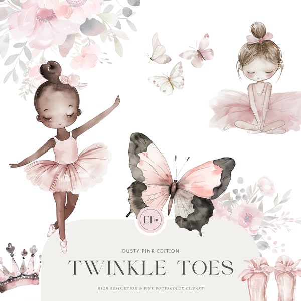 Cute Ballerina Clipart - Watercolor Clipart - Dusty Pink  - Floral Boquets - Clipart Set - COMMERCIAL LICENSE INCLUDED