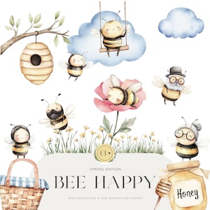 Clipart de acuarela de abeja - Cliparts de primavera para niños - Fiesta de cumpleaños infantil, linda familia de abejas - Panal - LICENCIA COMERCIAL