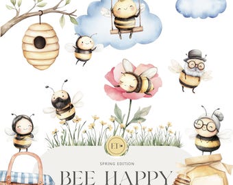 May include: Watercolor clipart set featuring cute bees in various poses, including a bee on a swing, a bee sleeping in a flower, and a bee wearing glasses. The set also includes a beehive, a jar of honey, and a basket. The text "Bee Happy" is written in a whimsical font.