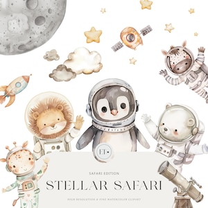 Lindo Astronauta Safari Clipart - Acuarela Clipart - Safari Animales - Vivero Clipart / LICENCIA COMERCIAL INCLUIDA