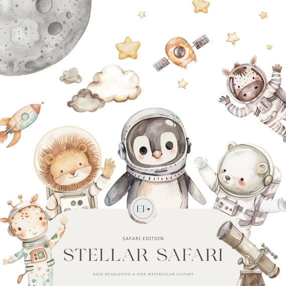 Cute Astronaut Safari Clipart - Watercolor Clipart - Safari Animals - Nursery Clipart | COMMERCIAL LICENSE INCLUDED