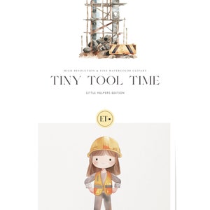 May include: Watercolor illustration featuring a construction scene with scaffolding and a yellow barrier. Below, a cartoon construction worker wearing a yellow hard hat and safety vest. The text "TINY TOOL TIME" is displayed.