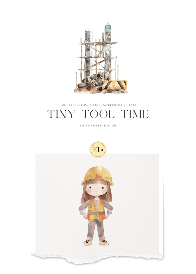 May include: Watercolor illustration featuring a construction scene with scaffolding and a yellow barrier. Below, a cartoon construction worker wearing a yellow hard hat and safety vest. The text "TINY TOOL TIME" is displayed.