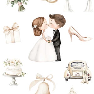 May include: Watercolor illustrations of wedding elements, including a bride and groom kissing, a wedding cake, a bouquet of flowers, a wedding arch, a piano, a bell, a car with a "Just Married" sign, a pair of wedding rings, a gift box, and a gazebo.