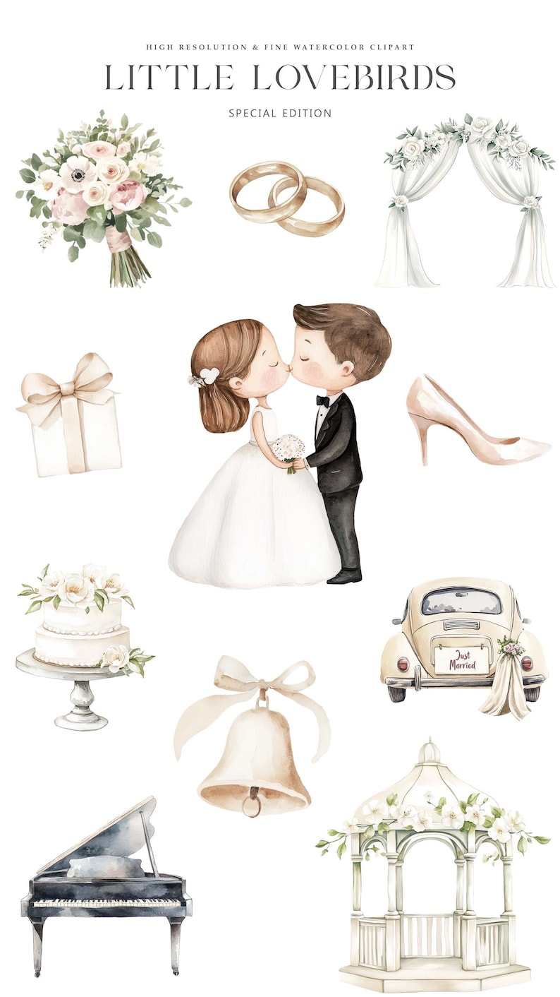 May include: Watercolor illustrations of wedding elements, including a bride and groom kissing, a wedding cake, a bouquet of flowers, a wedding arch, a piano, a bell, a car with a "Just Married" sign, a pair of wedding rings, a gift box, and a gazebo.
