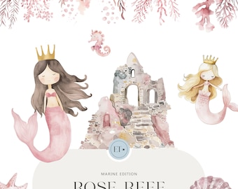 May include: Two pink mermaids with gold crowns, a seahorse, a starfish, and a pink seashell with a pearl. The mermaids are swimming near a stone castle with a pink coral reef above. The text "ROSE REEF" is written in a white banner below the image. "MARINE EDITION" and "HIGH RESOLUTION & FINE WATERCOLOR CLIPART" are written below the text.