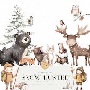 Clipart animali innevati - Bosco invernale - Animali invernali - Animali della foresta innevata - Clipart acquerello di Natale - LICENZA COMMERCIALE