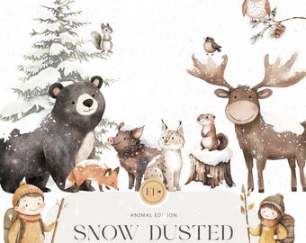 Snowy Animals Clipart - Winter Woodland - Winter Animals  - Snowy Forest Animals - Christmas Watercolor Clipart - COMMERCIAL LICENSE