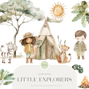 K&ouml;nnte beinhalten: Aquarell-Illustration von zwei Kindern, die als Entdecker in einer Safari-Kulisse gekleidet sind. Das M&auml;dchen tr&auml;gt einen braunen Hut und eine gr&uuml;ne Jacke, der Junge tr&auml;gt eine gr&uuml;ne Jacke und eine braune Hose. Sie stehen in der N&auml;he eines Tipi-Zeltes, eines Zebras, eines Leoparden und eines Lagerfeuers. Der Text "Little Explorers" steht unten in der Mitte des Bildes.