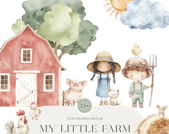 Cute Farm Clipart - Watercolor Farm Life - Cottage Clipart - Farm Animals - Cute Pig Clipart - Animals - COMMERCIAL LICENSE INCLUDED