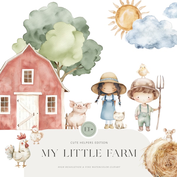 Cute Farm Clipart - Watercolor Farm Life - Cottage Clipart - Farm Animals - Cute Pig Clipart - Animals - COMMERCIAL LICENSE INCLUDED