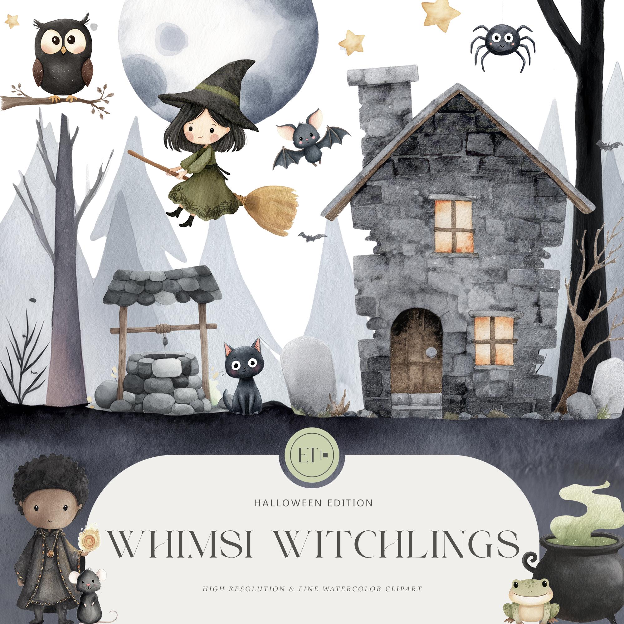 Cute Witch Clipart - Halloween Watercolor Clipart, Whimsical Witch, Creepy Nursery Clipart  - Spider - Bat - Kids Halloween - Commercial Use
