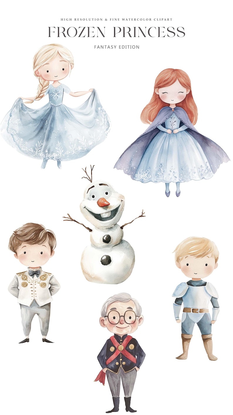 May include: Watercolour illustration set featuring characters from the film Frozen. The set includes Elsa, Anna, Olaf, Kristoff, and Hans. The characters are depicted in a whimsical and charming style, with bright colours and intricate details.