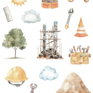 May include: Watercolor illustration featuring construction-themed elements. Includes a yellow hard hat, a stop sign, tools, a wheelbarrow, and a construction vest. The text "TINY TOOL TIME" is at the top.
