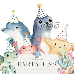 Niedliche Ozean Geburtstag Clipart, glückliche Meerestiere, PNG Aquarell Clipart, Geburtstag Clipart, kommerzielle Nutzung