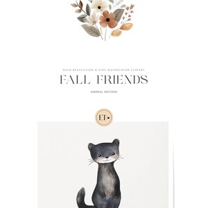May include: Watercolor illustration of a cute otter with a light brown and gray fur, standing on a white background. The illustration is part of a collection called "Fall Friends: Animal Edition".