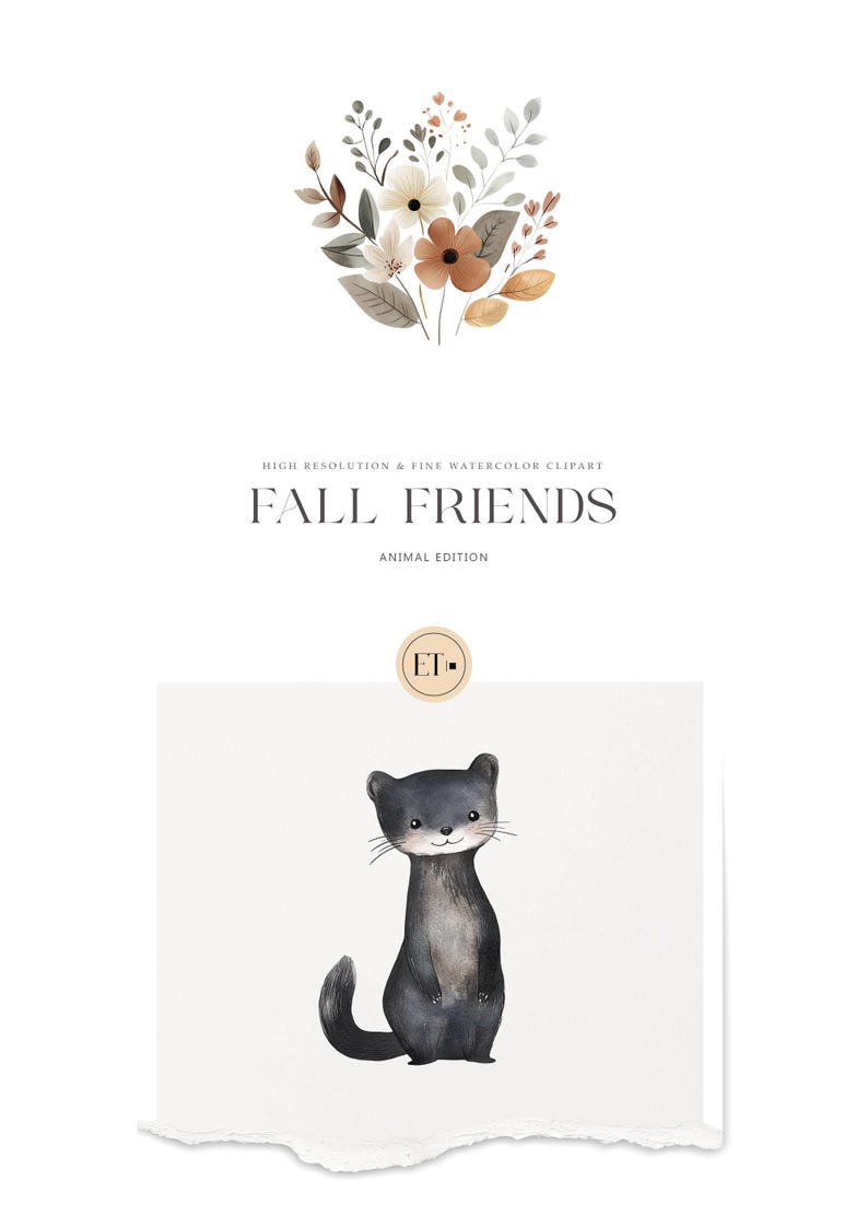 May include: Watercolor illustration of a cute otter with a light brown and gray fur, standing on a white background. The illustration is part of a collection called "Fall Friends: Animal Edition".