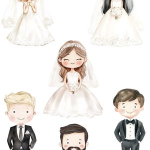 May include: Watercolor illustration of five cartoon couples dressed in wedding attire. The brides are wearing white dresses with veils and the grooms are wearing black suits with white shirts and black bow ties. The illustration is titled "Little Lovebirds Special Edition".