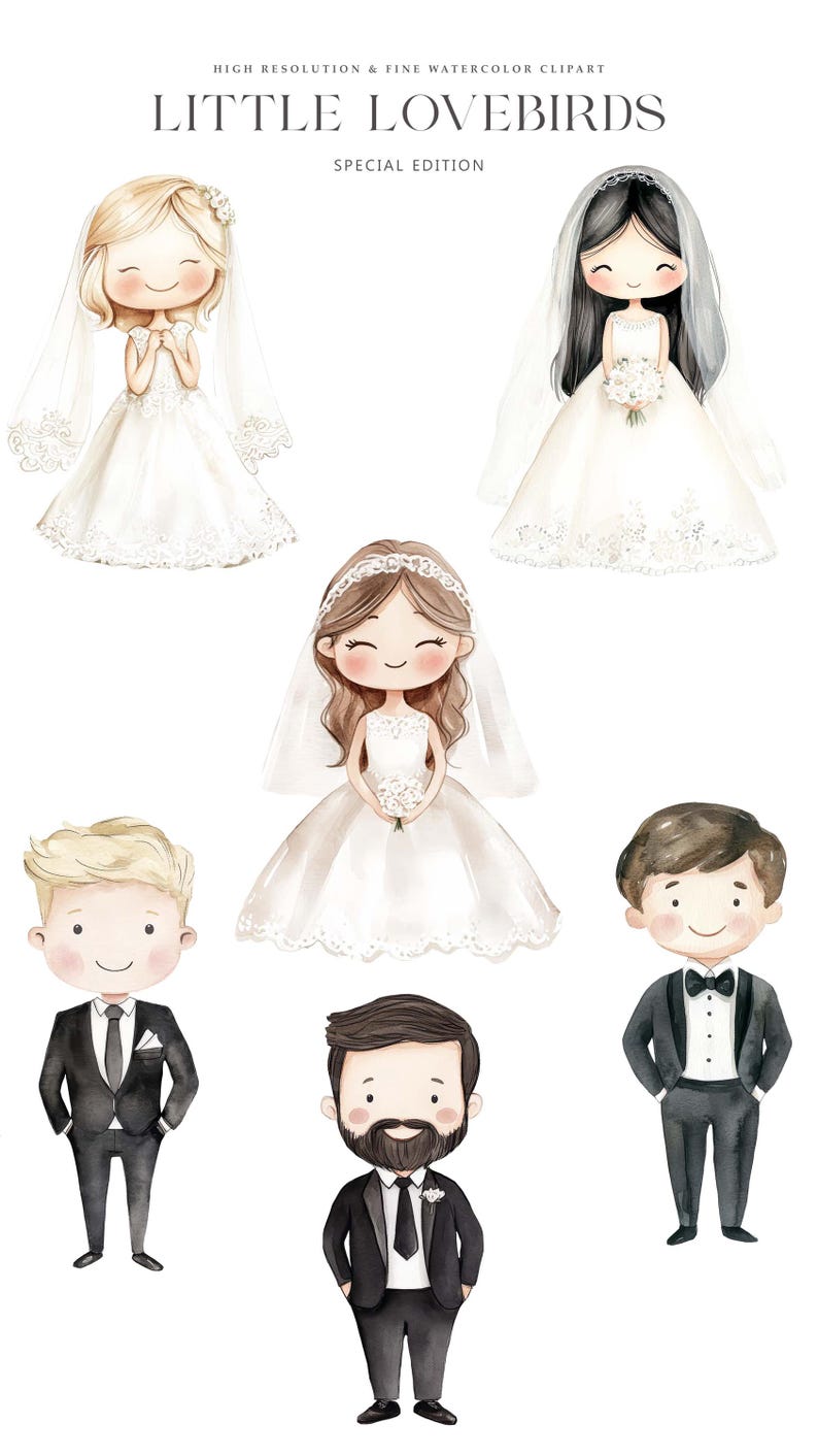 May include: Watercolor illustration of five cartoon couples dressed in wedding attire. The brides are wearing white dresses with veils and the grooms are wearing black suits with white shirts and black bow ties. The illustration is titled "Little Lovebirds Special Edition".
