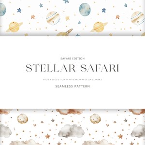 May include: A seamless pattern featuring watercolor illustrations of planets, stars, clouds, a crescent moon, and a spaceship. The pattern is in shades of brown, blue, and gold on a white background. The text "STELLAR SAFARI" is written in black on a white background.