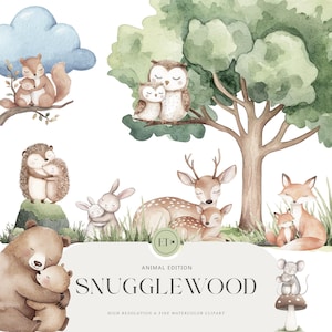 Clipart di una famiglia di animali carini - Clipart ad acquerello - Animali del bosco - Clipart per neonati e mamme, set di abbracci - Clipart d'amore - USO COMMERCIALE