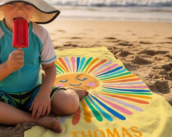 Personalized Rainbow Sun Smiley face Beach Towel,Custom Name Summer Vacation Gift,Signature Beach Towel For Kids,Pool Towel,Picnic Towel