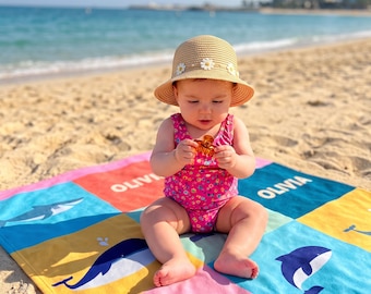 Personalized Kids Beach Towel, Groovy Ocean Animals Custom Name Towel, Fun Beach Designs, Gift for Girls or Boys, Beach Towel for Kids