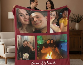 May include: A maroon fleece blanket featuring a collage of four personal photographs of a couple. The bottom section displays the white printed text Emma & Daniel Forever with a small heart icon centered below the names.