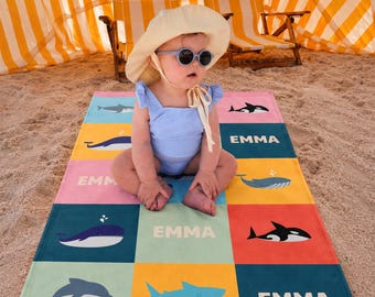Personalized Kids Beach Towel, Groovy Ocean Animals Custom Name Towel, Fun Beach Designs, Gift for Girls or Boys, Beach Towel for Kids
