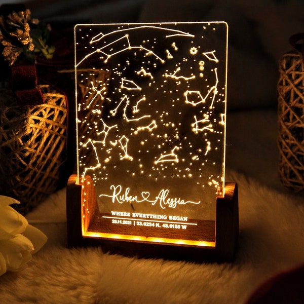 Lámpara de carta de constelación personalizada - Mapa de estrellas de regalo en luz nocturna - Regalo para novio / novia - Regalo de carta de estrellas para parejas