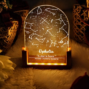 Cadeau d'anniversaire personnalisé pour fille ou fils - Lampe de nuit A Star Is Born - Carte des étoiles - Cadeaux pour nouveau-né - Cadeaux pour baby shower - Cadeau pour neveu