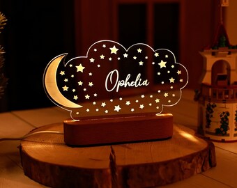 Personalized Kids Bedroom LED Lamp - Moon & Stars Night Light - Gift for Boy / Girl - Birthday Gift for Kids - Light up Sign - Daughter Gift