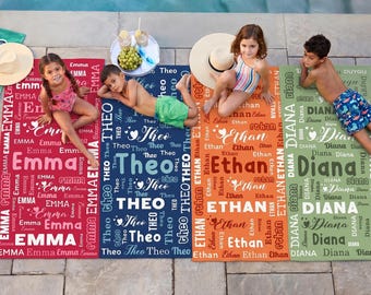May include: Four rectangular beach towels in red, blue, orange, and green, each featuring a repeating pattern of a specific name—Emma, Theo, Ethan, or Diana—in various fonts and sizes, with small heart icons interspersed among the text.
