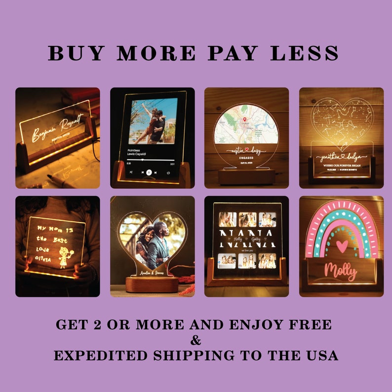 May include: Eight different personalised acrylic light-up signs with various designs and text. The signs are illuminated with warm white LED lights. The designs include a heart, a rainbow, a map, a constellation, a photo frame, and a collage of photos. The text on the signs includes names, dates, and messages. The signs are displayed on a purple background. Buy two or more and get free expedited shipping to the USA.