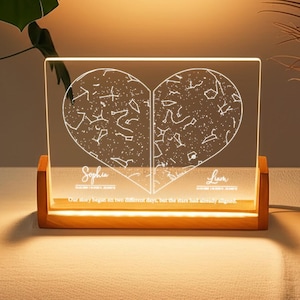 Veilleuse personnalisée de carte des étoiles, cadeau constellation personnalisé pour anniversaire, mariage, anniversaire, carte des étoiles personnalisée par date, signe de couple