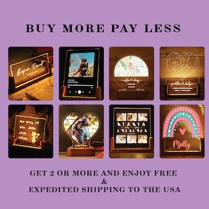 May include: Eight different personalized acrylic light-up signs with various designs and text. The signs are illuminated with warm white LED lights. The designs include a heart, a rainbow, a map, a constellation, a photo frame, and a collage of photos. The text on the signs includes names, dates, and messages. The signs are displayed on a purple background. Buy two or more and get free expedited shipping to the USA.