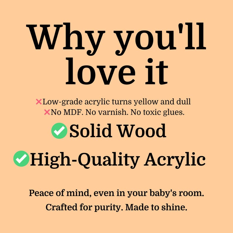 Puede incluir: Gr&aacute;fico de color melocot&oacute;n con el texto &laquo;Por qu&eacute; te encantar&aacute;&raquo;. El texto destaca las caracter&iacute;sticas del producto: madera maciza y acr&iacute;lico de alta calidad. Texto adicional indica que el producto est&aacute; elaborado para la pureza.